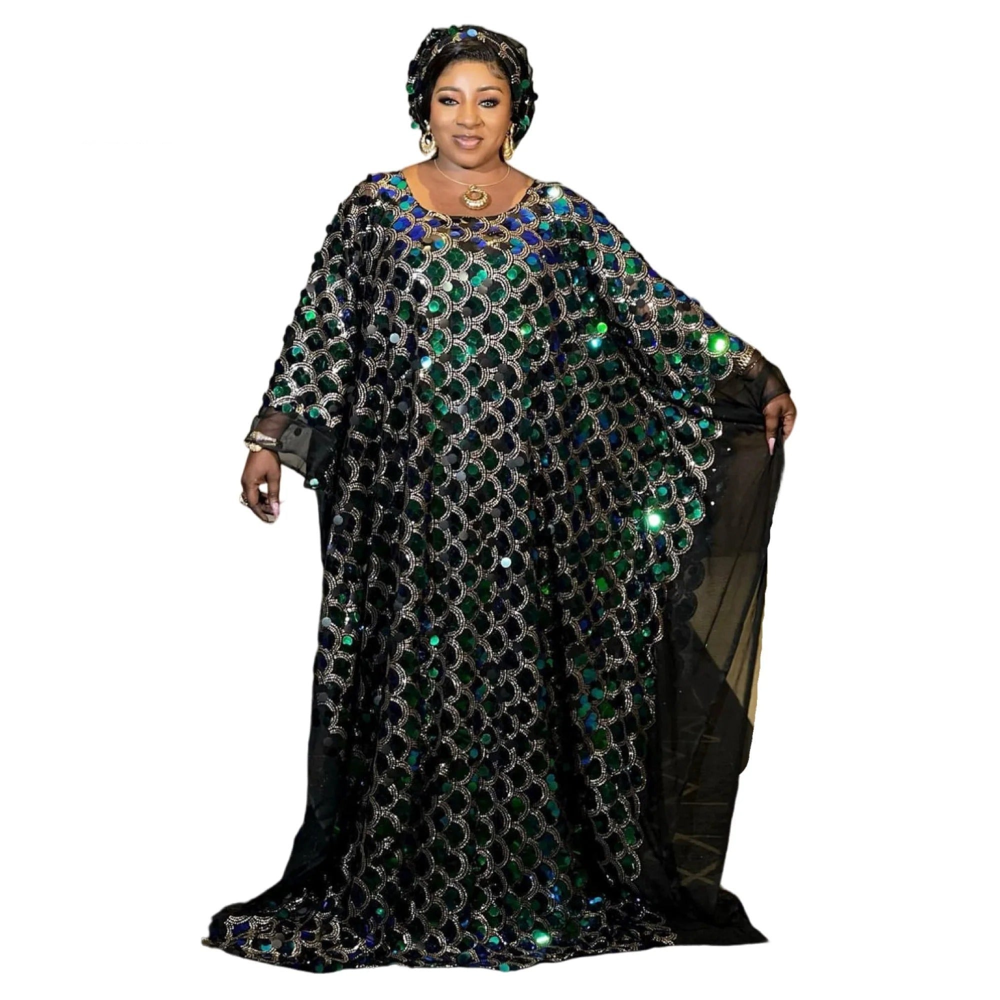 African Dresses For Ladies Women Taditional Lace Sequin Boubou-FrenzyAfricanFashion.com