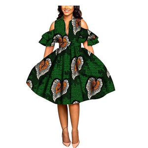 Women Summer African Print Pleated Green Dress-FrenzyAfricanFashion.com