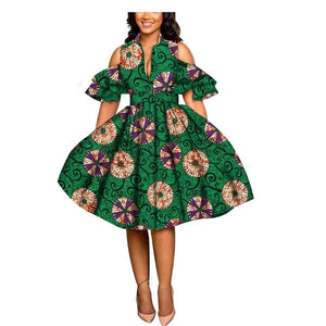 Women Summer African Print Pleated Green Dress-FrenzyAfricanFashion.com