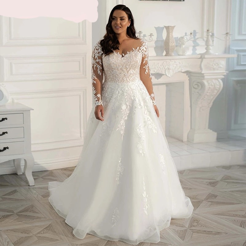 African White Wedding Gowns with Sleeves Plus Size Wedding Dress