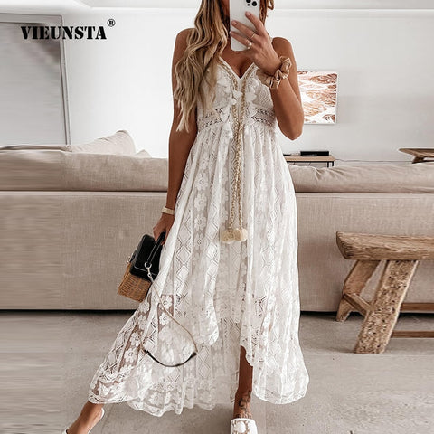 Image of Off Shoulder Lace Patchwork Elegant Dress Women Summer 2021 V Neck Spaghetti Strap Dress Female New Fashion Solid Party Dresses-FrenzyAfricanFashion.com