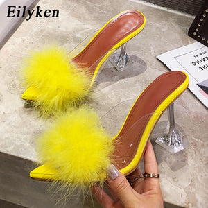 Eilyken 2022 New PVC shoes Woman Feather Transparent High heels Fur Pumps Slippers Women Peep toe Mules Lady Pumps Slides White-FrenzyAfricanFashion.com