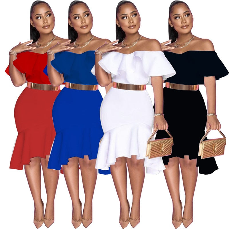 Women Summer Sexy Off-Shoulder Midi White Tunics Dress Ladies Evening Party Fishtail Dresses-FrenzyAfricanFashion.com