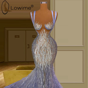 Lowime Sexy Illusion Feathers Pearls Mermaid Evening Dresses Lavender Lace Prom Party Gowns Long Robes De Soiree-FrenzyAfricanFashion.com