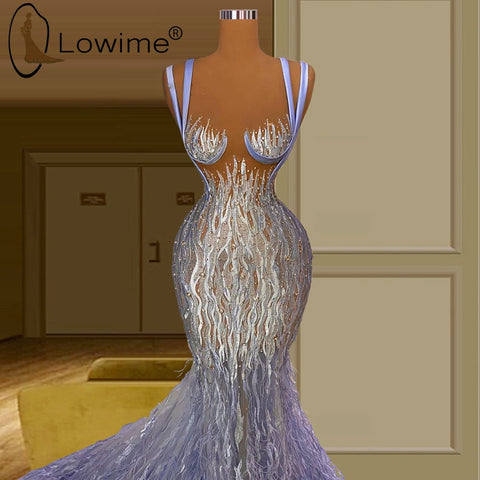 Image of Lowime Sexy Illusion Feathers Pearls Mermaid Evening Dresses Lavender Lace Prom Party Gowns Long Robes De Soiree-FrenzyAfricanFashion.com