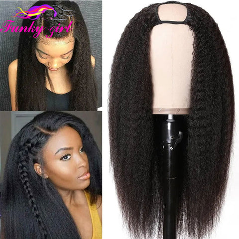 Image of FG Brazilain Kinky Straight Human Hair Wigs Yaki Straight U Part Wig Remy Hair Full Machine Wigs For Black Weman 150% Density-FrenzyAfricanFashion.com