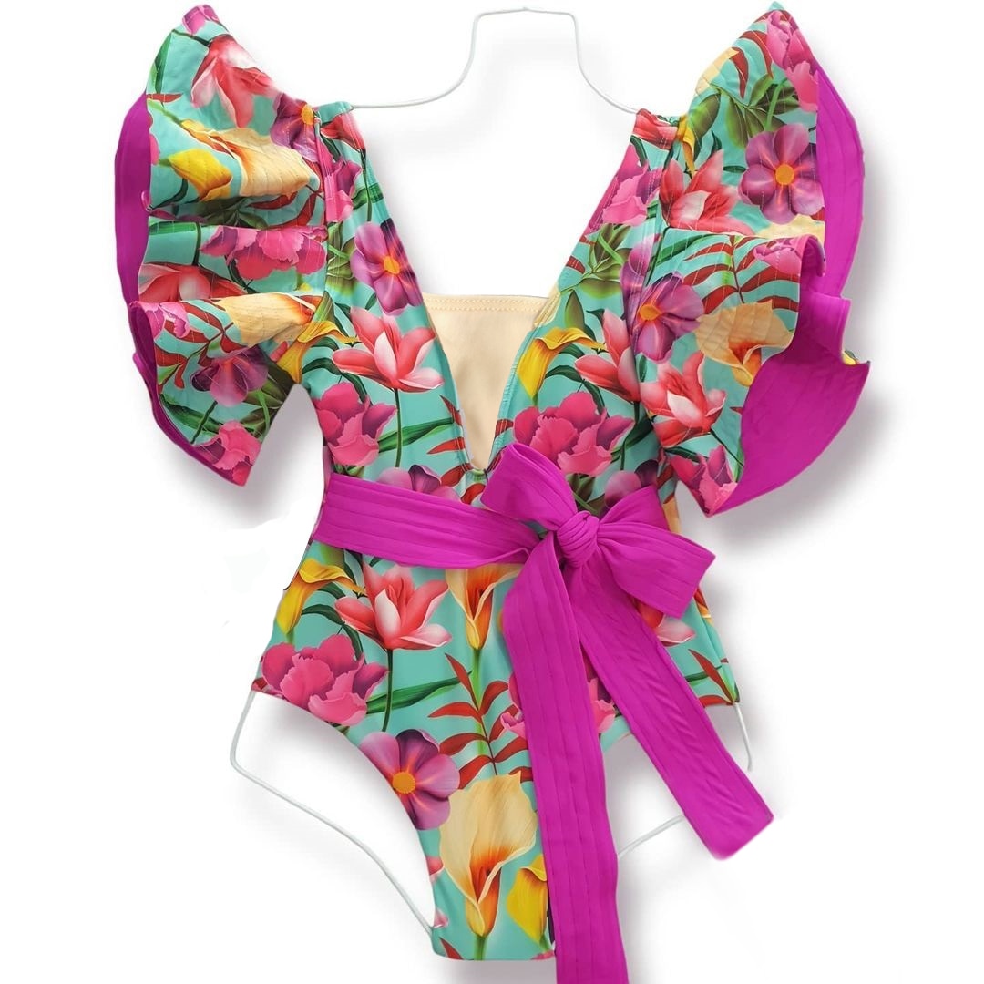 Floral Printed Deep V-neck Ruffle Swimsuit Push Up One Piece Backless Monokini-FrenzyAfricanFashion.com