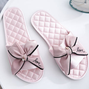 Women Indoor Silk Slippers Butterfly-knot Bowtie Light Comfy Flats Open Toe Home Slides House Causal Fashion Cute Shoes Ladies-FrenzyAfricanFashion.com