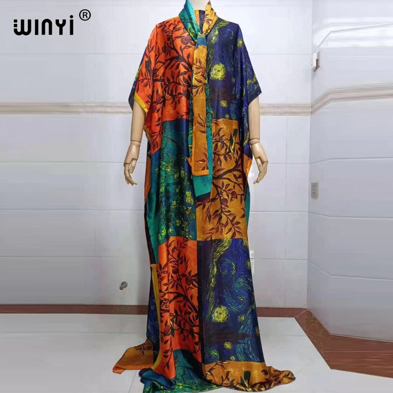 Fancy Abaya Dress Women Print Bohemia Hijab Loose Muslim dress-FrenzyAfricanFashion.com