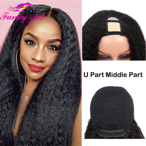 Image of FG Brazilain Kinky Straight Human Hair Wigs Yaki Straight U Part Wig Remy Hair Full Machine Wigs For Black Weman 150% Density-FrenzyAfricanFashion.com