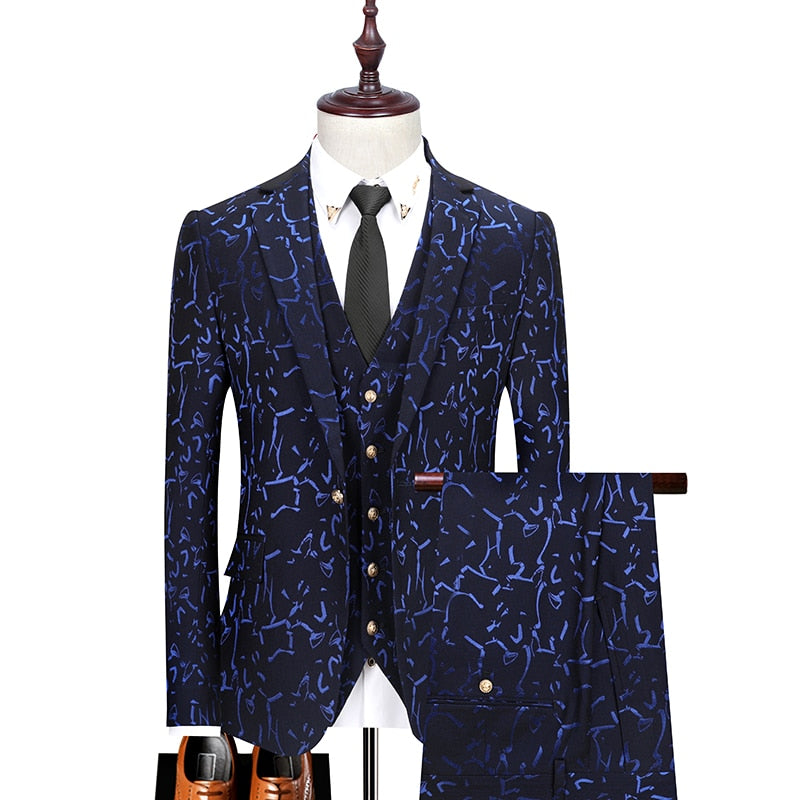 Floral Print 3 Piece Suit Set Men Luxury Bronzing Blazers Vest Trousers-FrenzyAfricanFashion.com