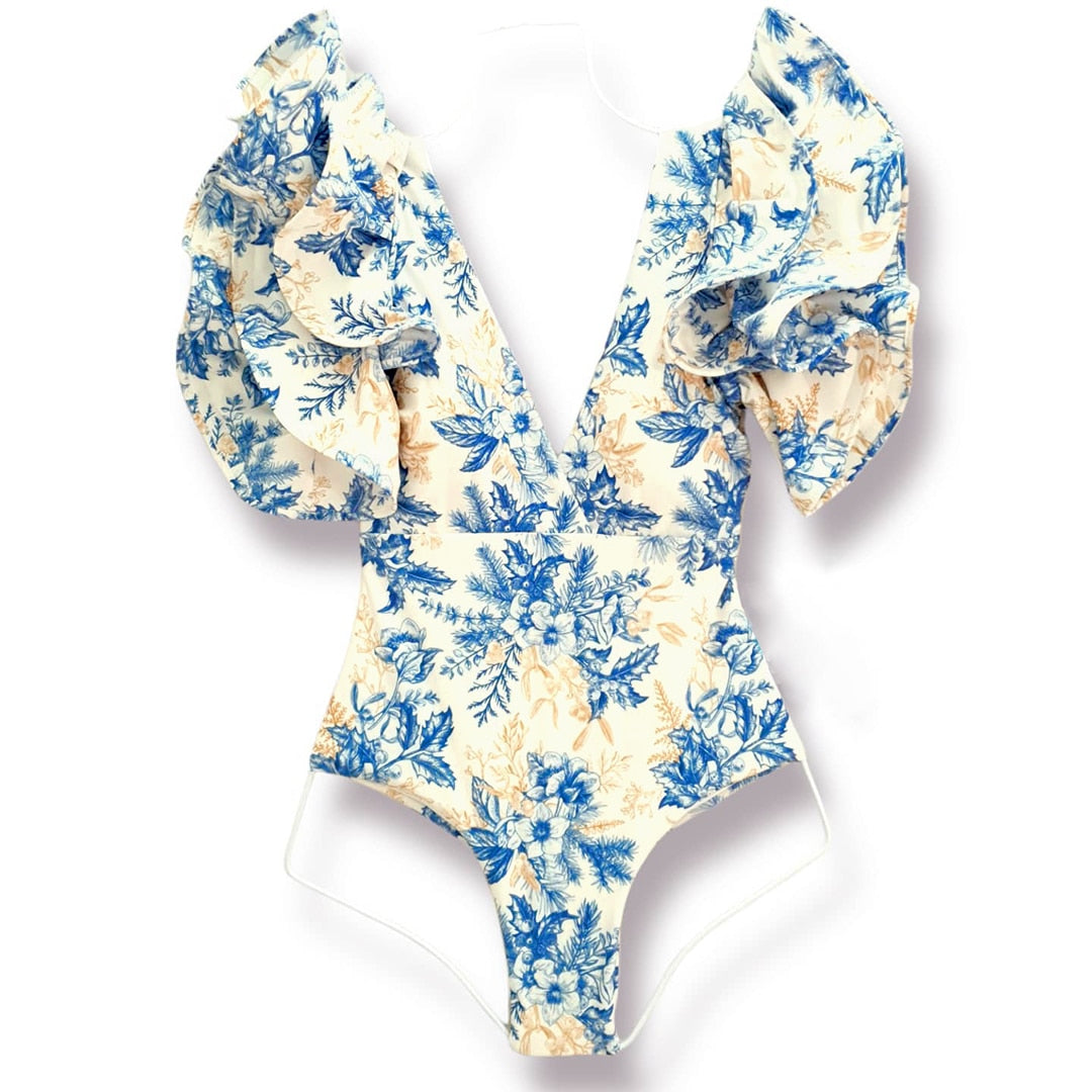 Floral Printed Deep V-neck Ruffle Swimsuit Push Up One Piece Backless Monokini-FrenzyAfricanFashion.com