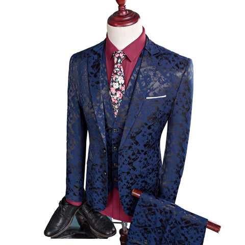 Image of Men Suit Business Leisure Single Breasted Suits 3 Pieces Sets Male Printing Groom Wedding Dress Jacket Blazers Coat Vest Pants-FrenzyAfricanFashion.com