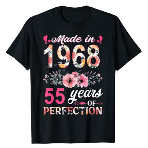 Image of Made In 1968 Floral 55 Year Old 55th Birthday Women's T-Shirt Flowers Print Graphic Tee Tops-FrenzyAfricanFashion.com