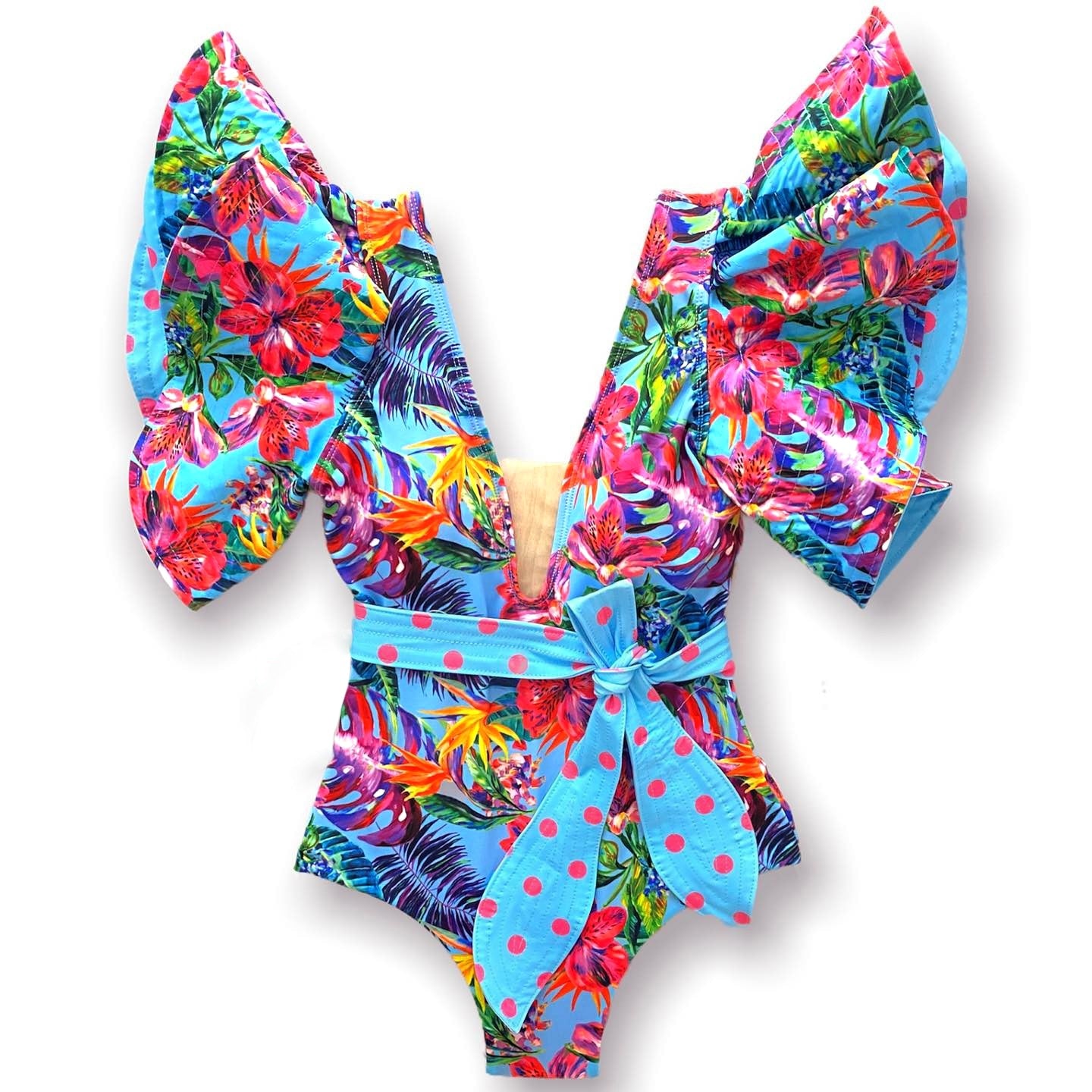 Floral Printed Deep V-neck Ruffle Swimsuit Push Up One Piece Backless Monokini-FrenzyAfricanFashion.com