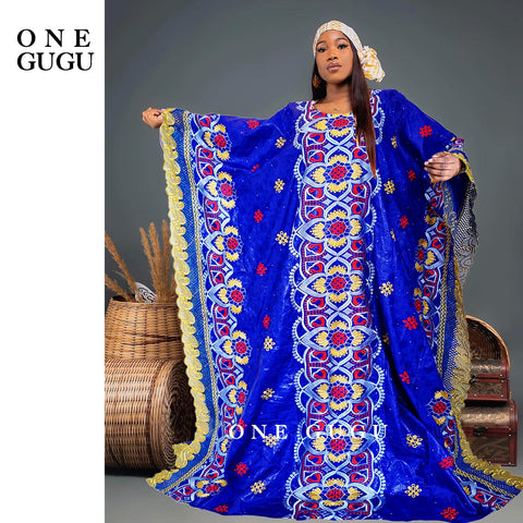 Image of New African Dashiki Outfits Ryal Blue Bazin Riche Long Dress With Stones Embroidery Laces Nigerian Wedding Party Basin Dresses-FrenzyAfricanFashion.com