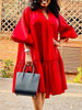 Summer Women Lantern Sleeve Mini Dress Sexy V Neck Solid Holiday Robe Bohemian Party Vestido Loose Baggy Sundress-FrenzyAfricanFashion.com