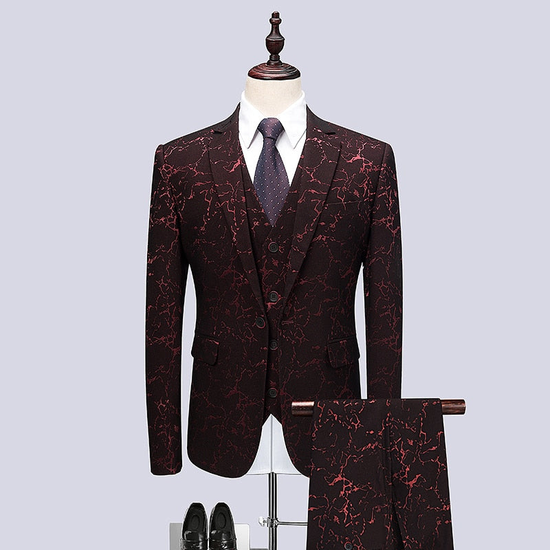 Floral Print 3 Piece Suit Set Men Luxury Bronzing Blazers Vest Trousers-FrenzyAfricanFashion.com