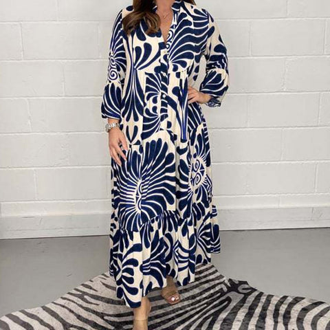 Image of Chic Casual 3/4 Sleeve Loose Pleated Party Dress Summer Women O-neck Long Dress Spring Graphic Single Breasted Bohe Dresses-FrenzyAfricanFashion.com