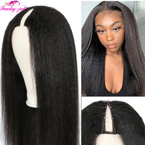 Image of FG Brazilain Kinky Straight Human Hair Wigs Yaki Straight U Part Wig Remy Hair Full Machine Wigs For Black Weman 150% Density-FrenzyAfricanFashion.com