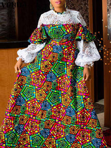 VONDA Evening Party Dress 2022 Summer High Neck Women Long Sleeve Lace Patchwork Vintage Printed Bohemian Pleated Maxi Dresses-FrenzyAfricanFashion.com