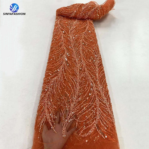 Image of Orange Sequins Pearls Beads French Tulle Mesh Net Embroidery Beaded Lace Fabric Bridal-FrenzyAfricanFashion.com