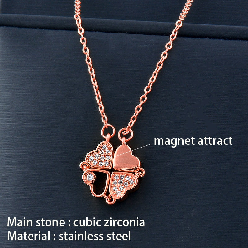 Rose Gold Four leaf clover necklace stainless steel with cubic zirconia,  Single Piece Packing