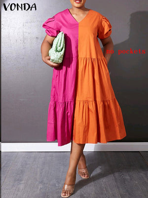 Summer Dress 2022 VONDA Women Vintage Patchwork Puff Sleeve Party Dress Sexy V Neck Short Sleeve Party Vestido Femininas Robe-FrenzyAfricanFashion.com