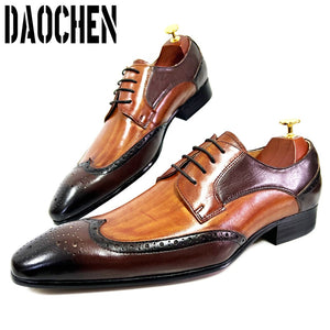 Luxury Brand Men Leather Shoes Lace Up Pointed Toe Mixed Colors Brogues Oxford Mens Dress Shoes Wedding Office Formal Shoes Men-FrenzyAfricanFashion.com