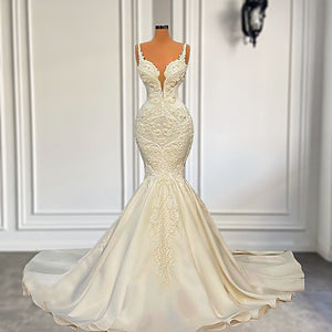 Vintage Sexy Mermaid Wedding Dress 2022 V-neck Sleeveless Pearls Lace African Women White Bridal Wedding Gowns-FrenzyAfricanFashion.com