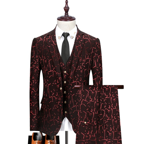 Floral Print 3 Piece Suit Set Men Luxury Bronzing Blazers Vest Trousers-FrenzyAfricanFashion.com