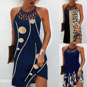 Women Sexy Dress Summer Fashion Hollow Sleeveless Print Beach Mini Dresses-FrenzyAfricanFashion.com