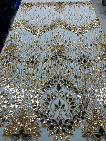 Image of Tulle Lace Beaded Fabric With Sequins For Dresses 5yards-FrenzyAfricanFashion.com