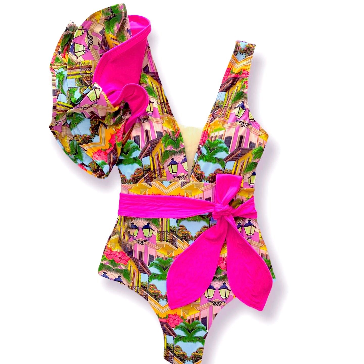 Floral Printed Deep V-neck Ruffle Swimsuit Push Up One Piece Backless Monokini-FrenzyAfricanFashion.com