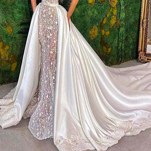 Luxury Wedding Detachable Skirt Satin Lace Removable Long Train for Dresses Real Wedding Overskirt-FrenzyAfricanFashion.com