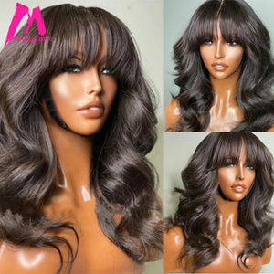 Body Wave Human Hair Wigs With Bangs Brazilian 30 Inch Full Machine Made Wig With Bang Long Natural Remy Human Hair For Women-FrenzyAfricanFashion.com