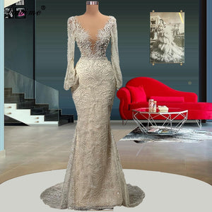 Middle East Muslim Evening Dresses Long Mermaid Silver Evening Gowns For Turkey Robes De Soirée Pearls Celebrity Dresses Custom-FrenzyAfricanFashion.com