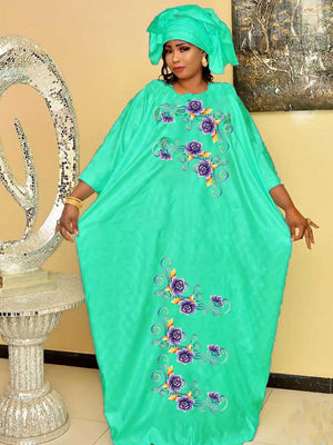 Shiny Bazin Riche Long Dresses For Traditional Wedding Clothing Bazin Riche Dashiki Robe With Scarf Women Daily Clothing-FrenzyAfricanFashion.com