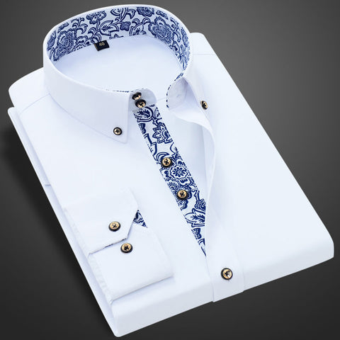 Image of Blue-and-white Porcelain Collar Shirt Men Long Sleeve SlimFit Casual Business Dress Shirts Solid Color White Shirt Cotton-FrenzyAfricanFashion.com