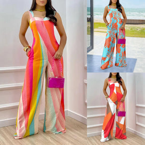 Sexy Jumpsuits 2023 Summer Fashion Print Hollow Temperament Casual Female Wide Leg Jumpsuit S-XXXL-FrenzyAfricanFashion.com