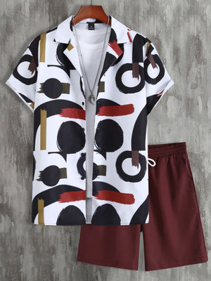 Men Random Circle and Brush Print Shirt &amp; Drawstring Waist Shorts Without Tee-FrenzyAfricanFashion.com