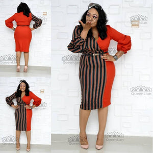 Women Midi Dress Puff Sleeve With Belt-FrenzyAfricanFashion.com