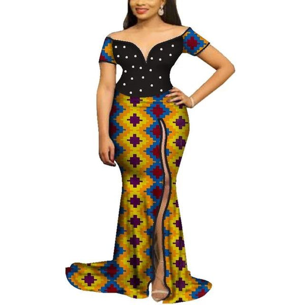 Navy Dresses Frenzy African Long Mermaid Wax Floral Print Evening ...