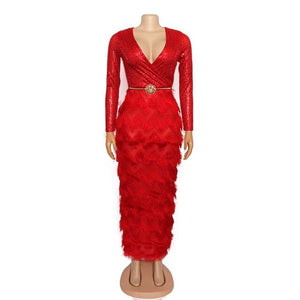 Lily Design Women Deep V-Neck Sequins Party Dress Long Sleeve Dress-FrenzyAfricanFashion.com