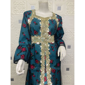 Women Patchwork Embroidery Kaftan Dress With Belt-FrenzyAfricanFashion.com
