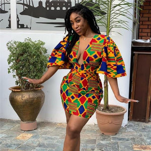 Cute African Short Kente Print Bodycon Dress-FrenzyAfricanFashion.com