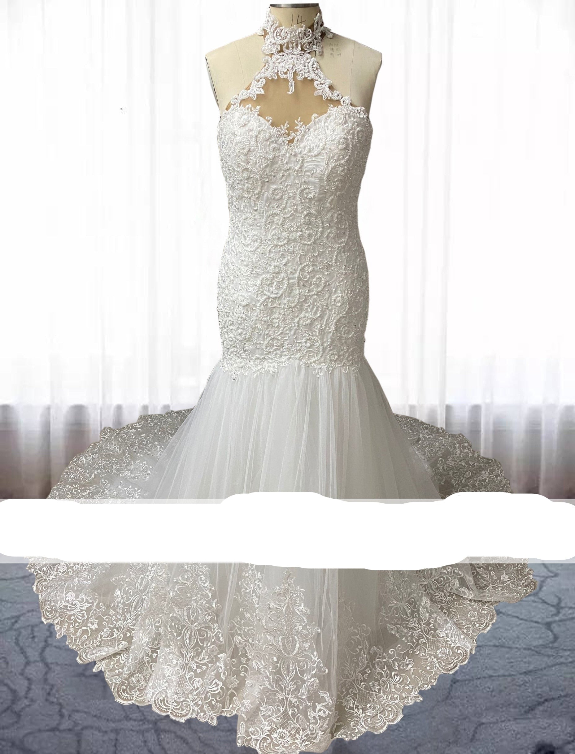 Linzy Lace Beaded Mermaid Trumpet Halter Neck wedding dress-FrenzyAfricanFashion.com