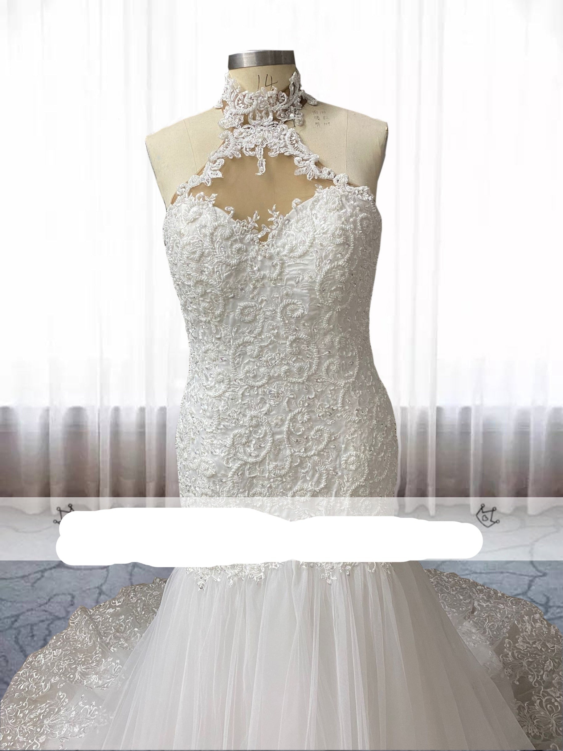 Linzy Lace Beaded Mermaid Trumpet Halter Neck wedding dress-FrenzyAfricanFashion.com