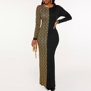 Vintage Geometry Maze Print Bodycon Maxi Dress-FrenzyAfricanFashion.com