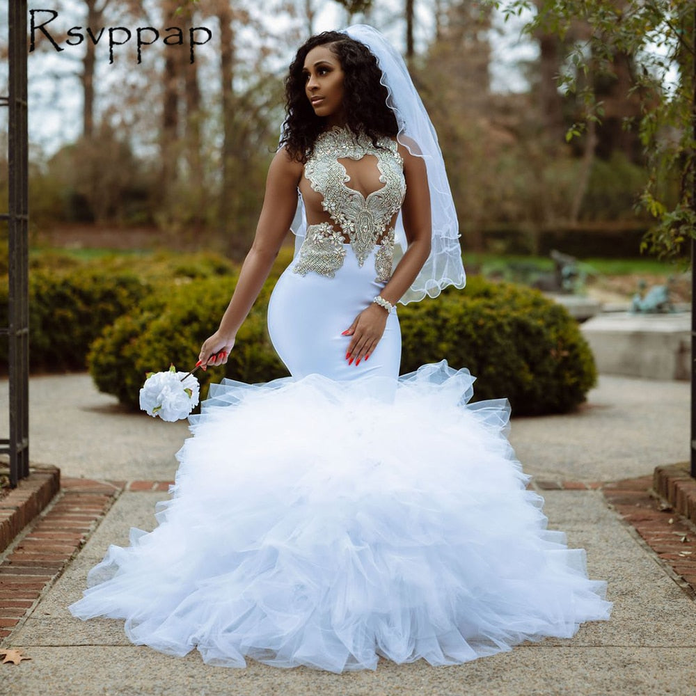 White Mermaid Long Wedding Dresses Stunning Beaded Bottom Ruffles Bridal Gowns-FrenzyAfricanFashion.com